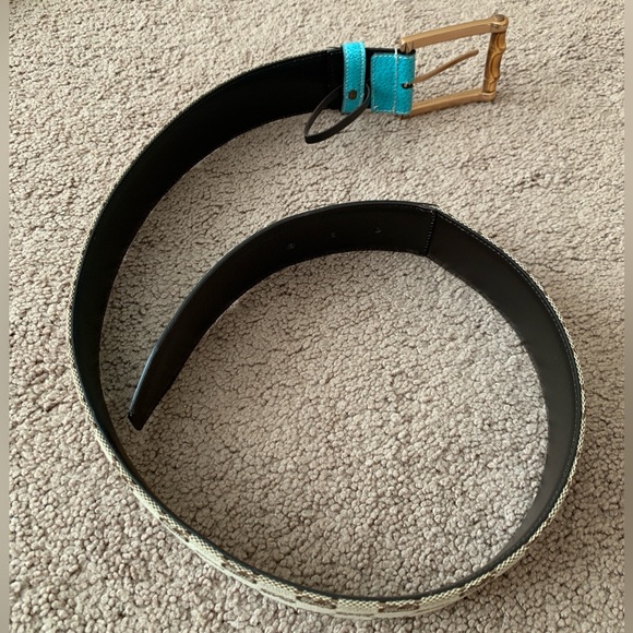 Authentic GUCCI women’s bamboo buckle blue leather and GG canvas belt - Picture 3 of 8